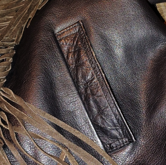 Mens black leather motorcycle jacket w/ brown Suede Fringe Sz-3X Made n Pakistan - Picture 5 of 10